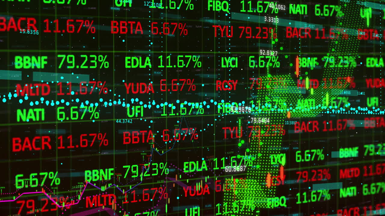 animación del procesamiento de datos financieros sobre una cuadrícula sobre un fondo oscuro