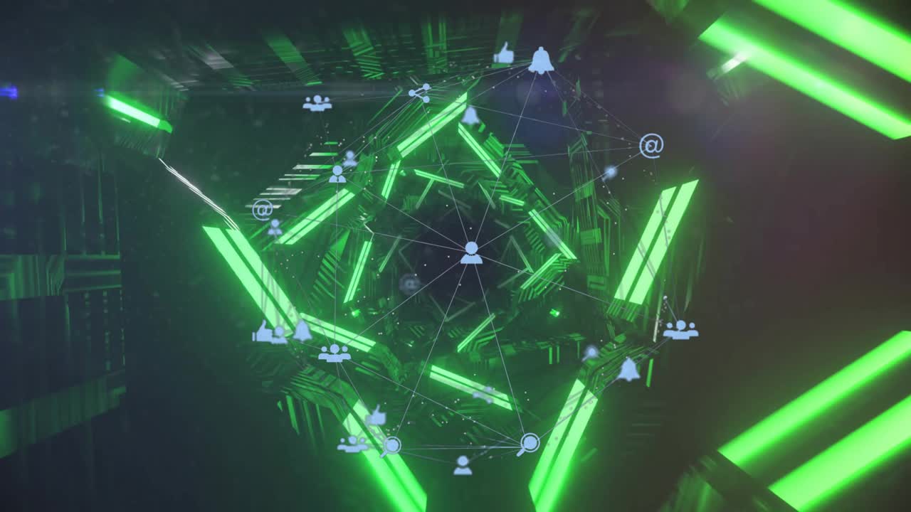 Upon opening neon tunnel rotating, camera advancing and media icons orbiting profile showing data