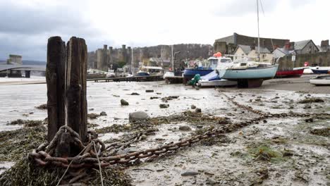 cadenas oxidadas y escombros de madera del viejo muelle podrido en la ribera del puerto del castillo de conwy