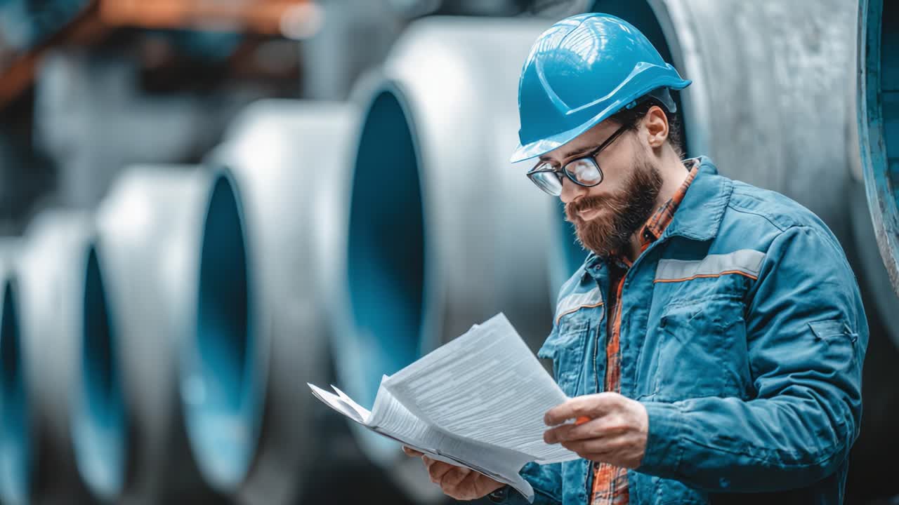 Konzentrierte/r ArbeiterIn in Schutzkleidung, der/die in einer industriellen Umgebung mit großen Rohren im Hintergrund Baupläne prüft und ein präzisionsorientiertes Umfeld widerspiegelt