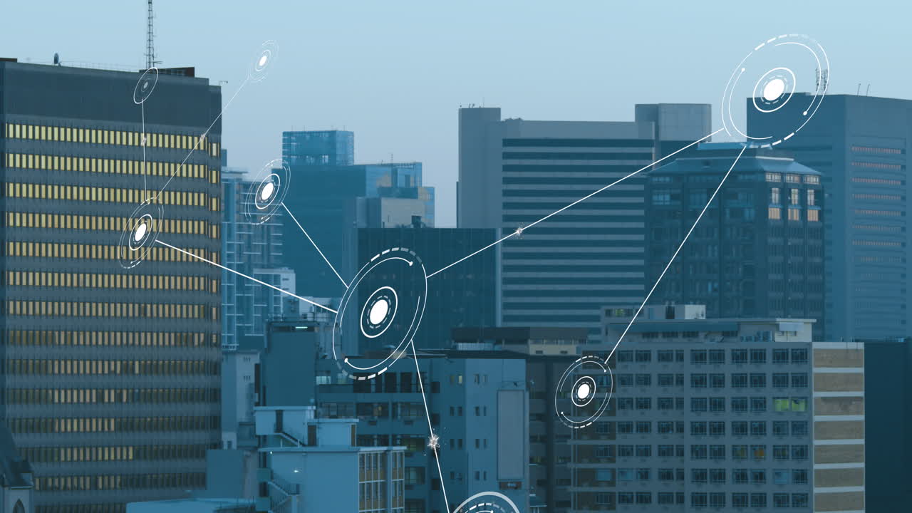 도시 풍경에 대한 데이터 처리와 연결 네트워크의 애니메이션