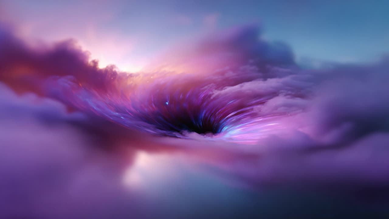 Vortice cosmico surreale: un affascinante turbinio di nuvole colorate e luce, che cattura l'essenza di un misterioso abisso oscuro in un paesaggio onirico