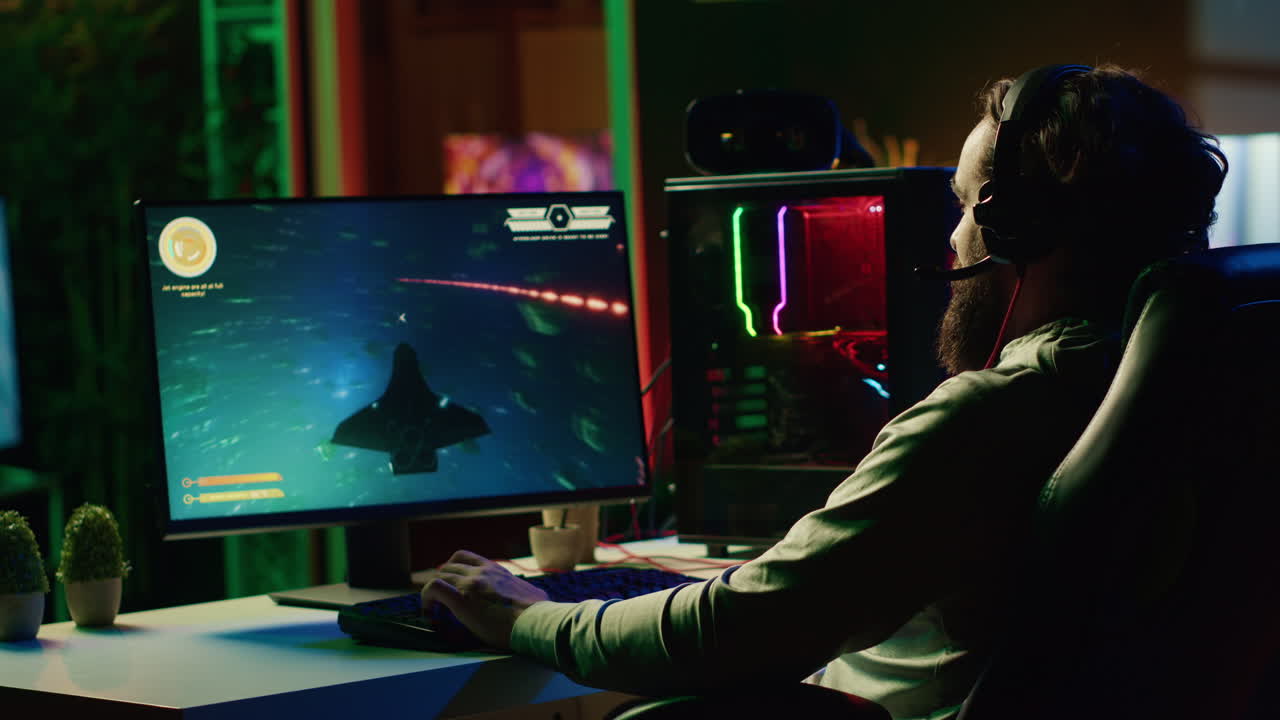 Gamer navigating universe in simulation game, chatting with friends