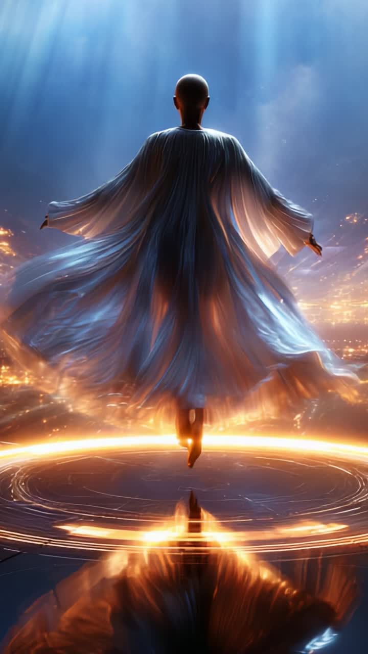 A Serene Figure in Ethereal Garments Suspended Above a Glowing Circle, Radiating Light and Energy, Embodying a Mystical Presence in a Dreamlike Atmosphere