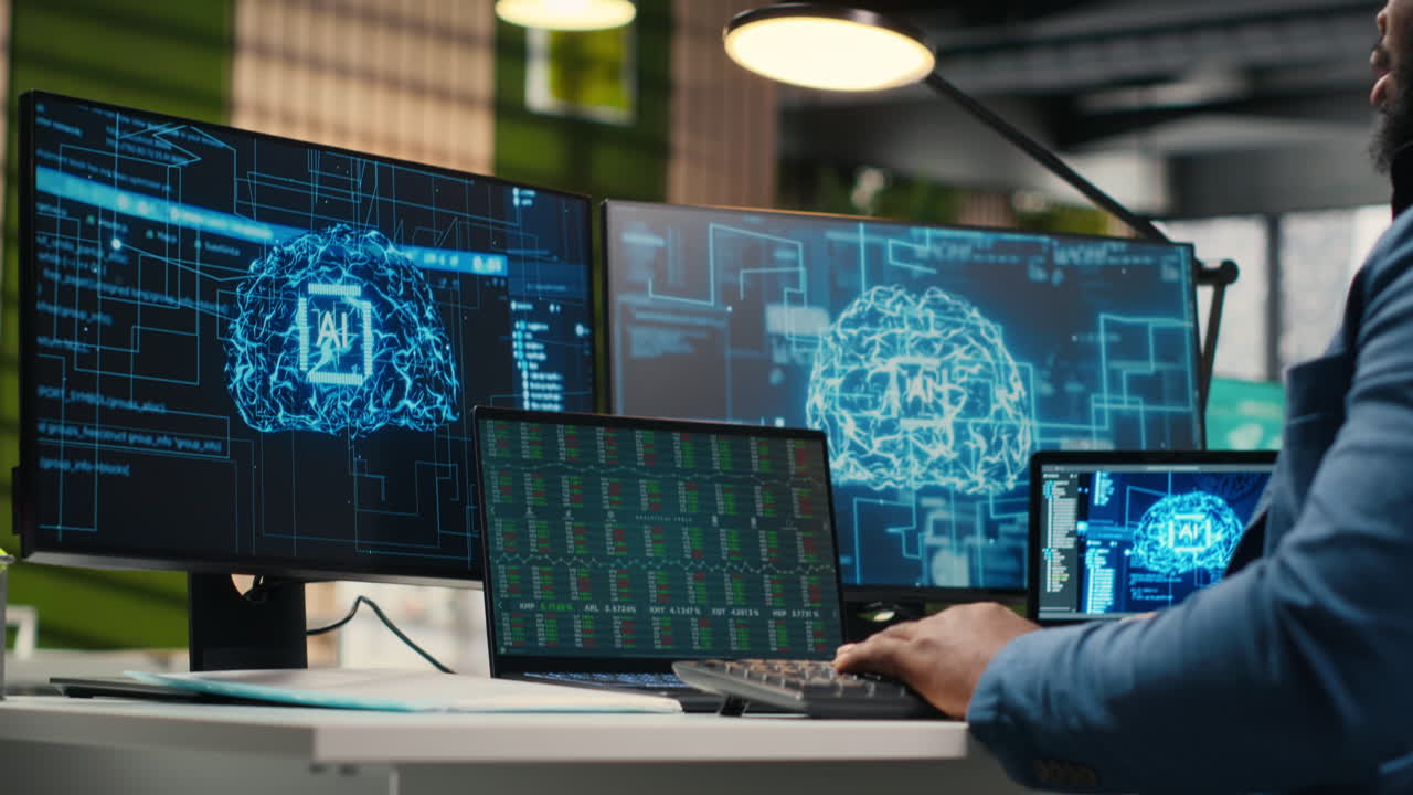 Vertical Video Black businessman using AI digital tools and machine learning models