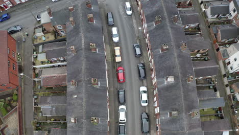 overhead aerial footage of terrace housing in one of stoke on trent's poorer areas, poverty and urban decline, council and social housing, west midlands