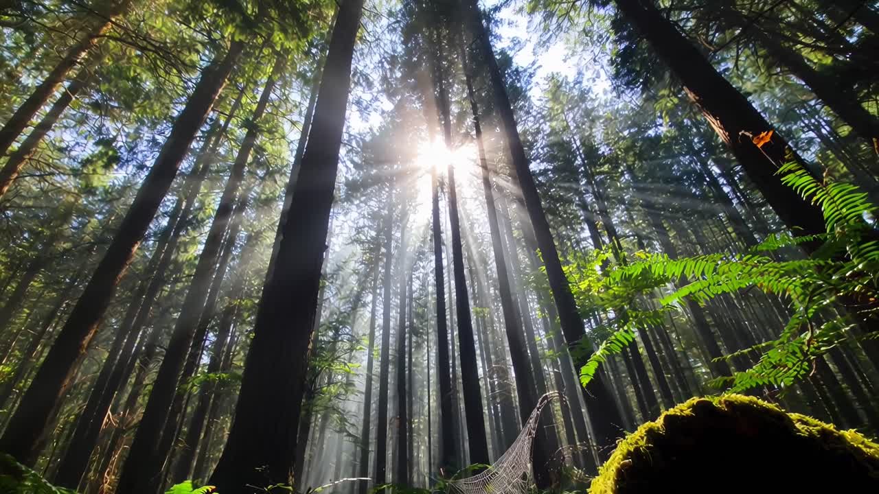 La luce del sole filtra attraverso alti alberi della foresta, video con inquadratura dal basso che cattura una scena naturale serena