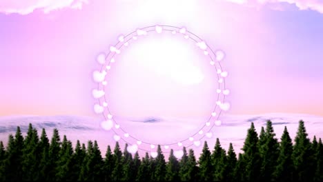 animation of fairy light frame with copy space over fir trees and winter scenery