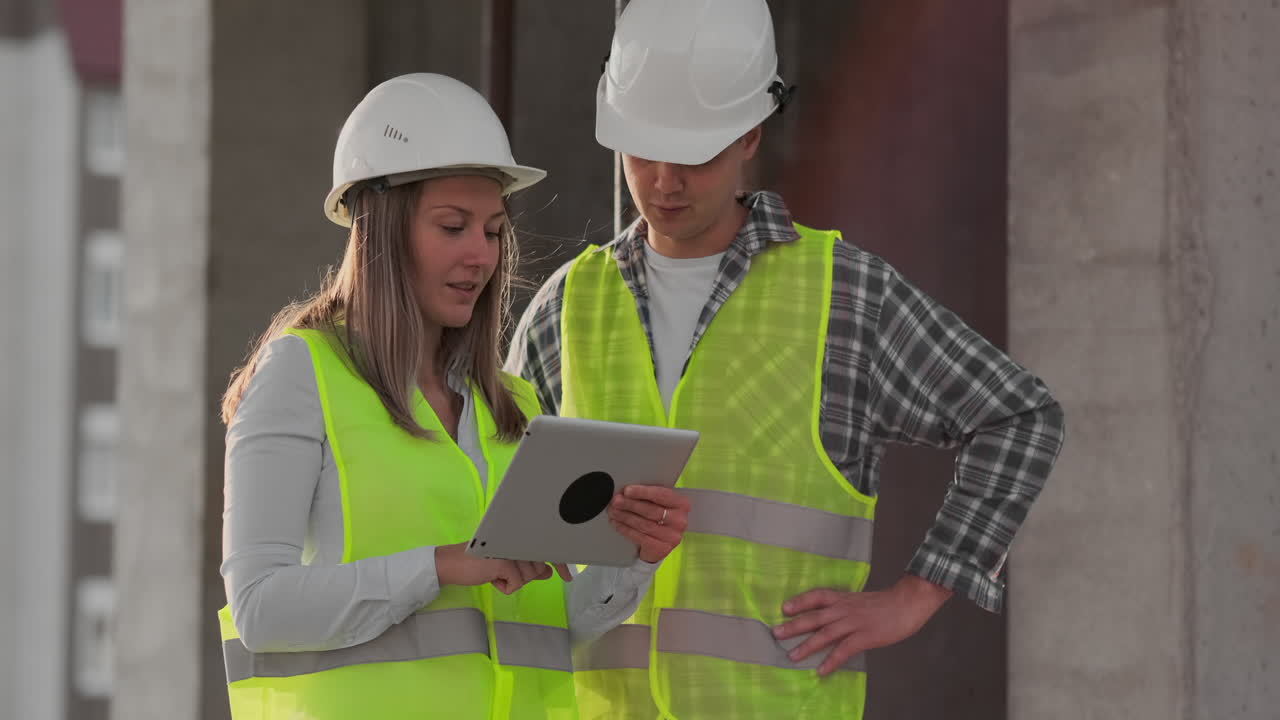 dos ingenieros un hombre y una mujer con cascos blancos con una tableta en el sitio de construcción condenan el plan de construcción del edificio