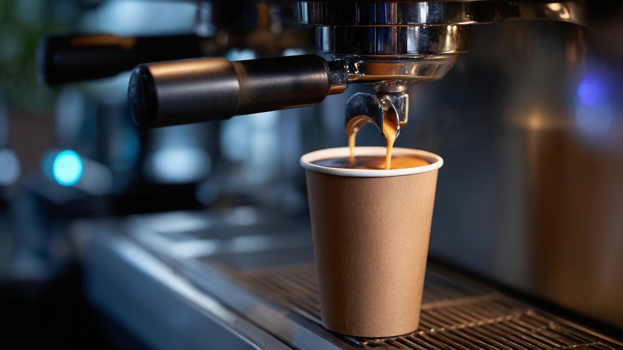Versamento di Espresso Fumante: Catturare l'Arte e il Processo di Preparazione del Caffè Fresco in una Tazza da Asporto in un Ambiente di Caffetteria Moderno