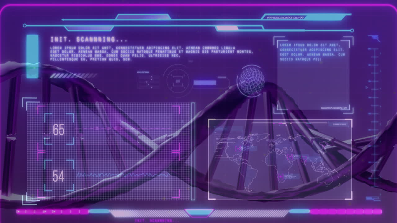 보라색 배경에서 데이터 처리에 대한 dna 가닥의 애니메이션