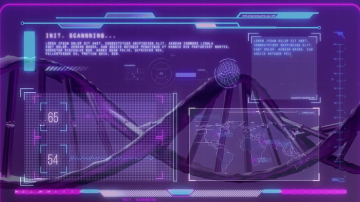 Animation of dna strand over data processing on purple background