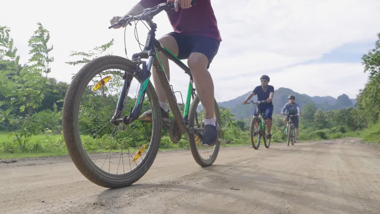 Group of friends cycling through a countryside