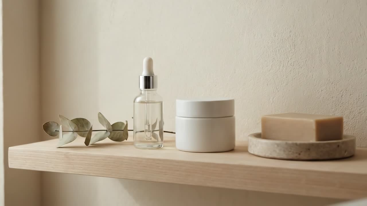 バスルームの木製棚にあるスキンケア製品とユーカリ