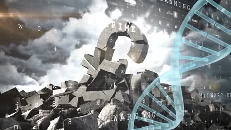 Cyber-security-data-processing-and-dna-structure-spinning-over-broken-pound-currency-symbol