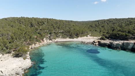 Aerial-view-of-Cala-Escorxada,-the-virgin-beach-in-Menorca,-Spain-with-green-water-and-a-hill-nearby-with-green-trees-and-blue-clear-sky-in-the-background