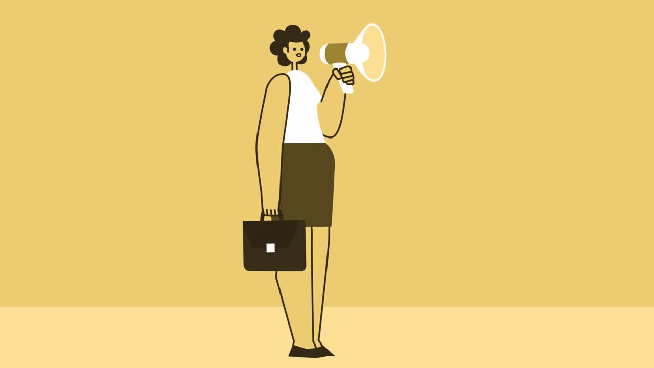 Yellow Style Woman with Briefcase Flat Character Speaking into Loudspeaker. Isolated Loop Animation with Alpha Channel