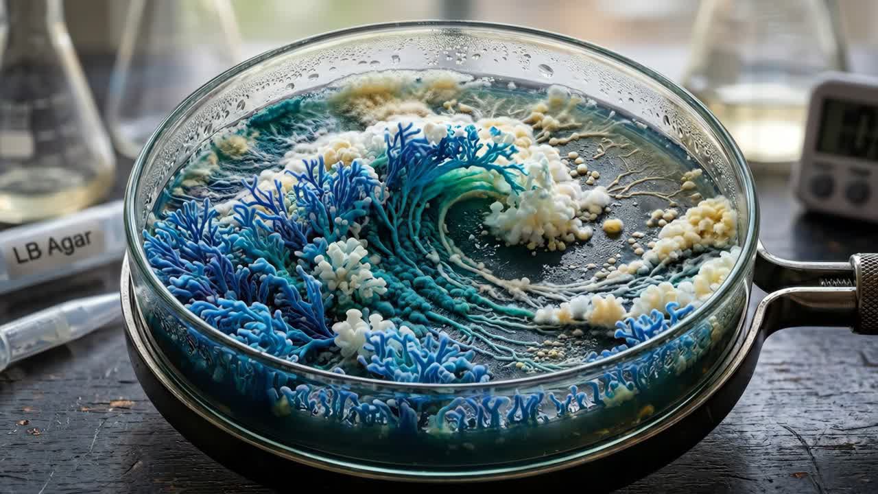 Time-lapse de crescimento colorido de microrganismos em placa de Petri