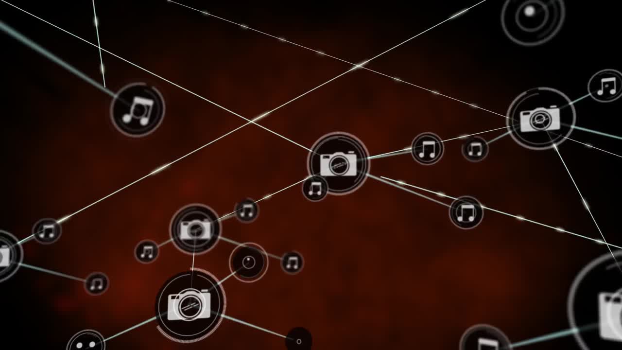 ilustración animada en 3d de las cámaras y los iconos de las notas musicales que se conectan a través de líneas digitales