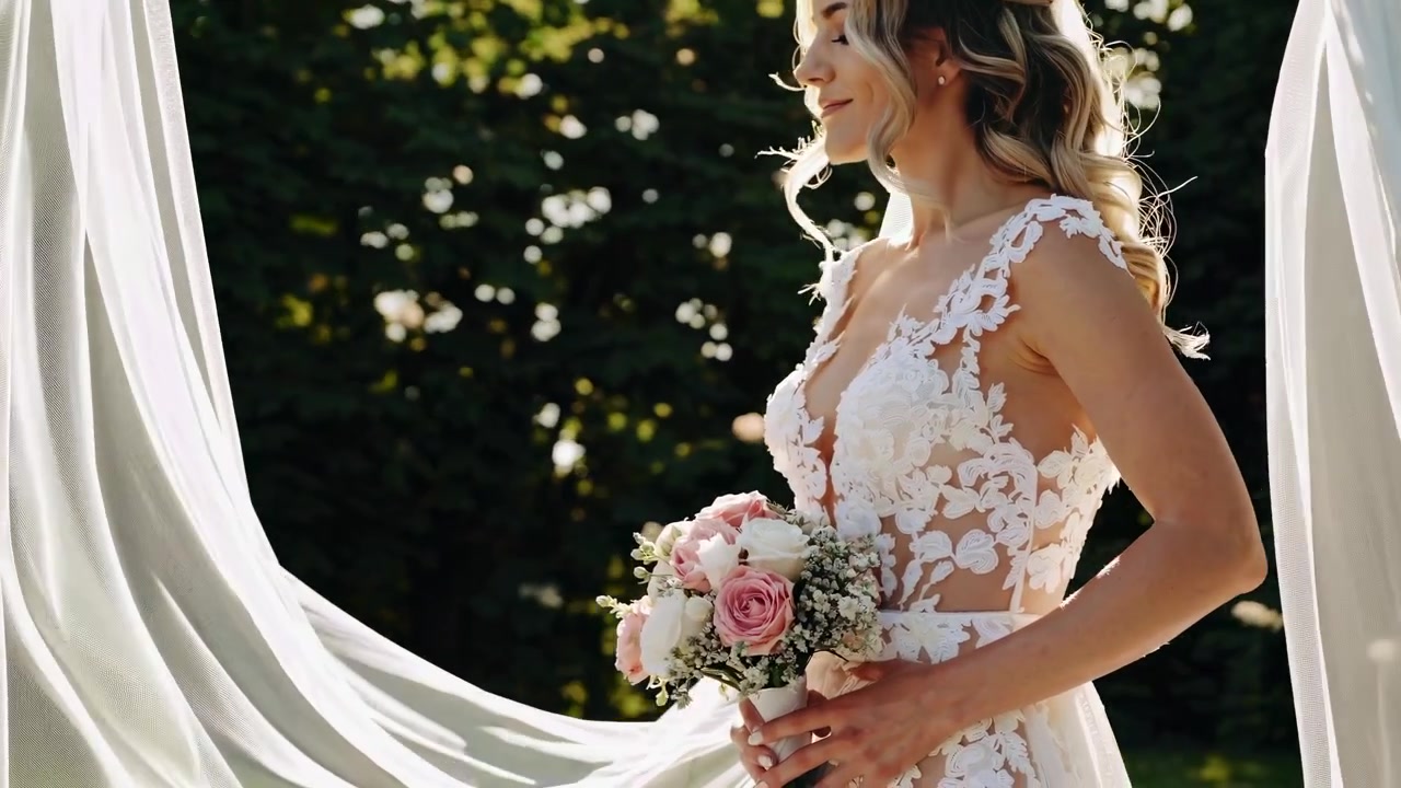 Bella sposa con bouquet in piedi all'aperto sotto drappeggi bianchi