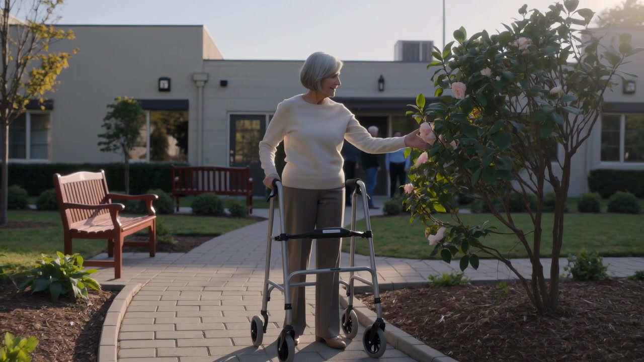 Eldre kvinne i genser forlater døren, bruker rullator og går på hagegang, berører blomst for å inspisere.