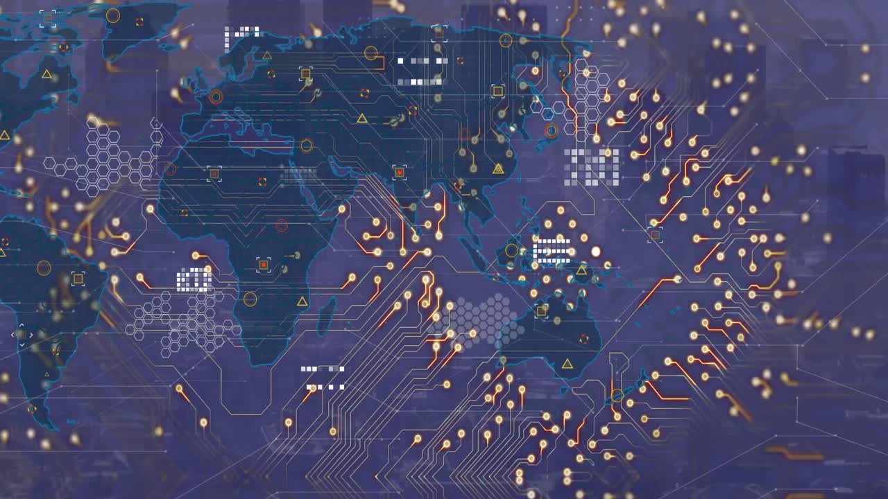 Animation of computer circuit board and world map with data processing over cityscape