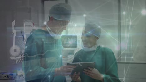 Animation-of-network-of-connections-over-caucasian-surgeons-using-tablet