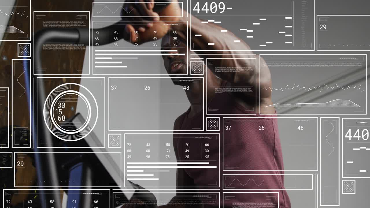 Man adjusting console, keeping rhythm on elliptical for fitness, HUD overlays tracking metrics