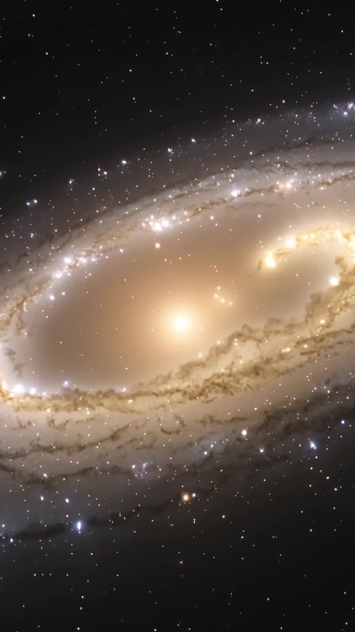 Video verticale: Telescopio che panoramica e ricentra una galassia a spirale, rivelando doppi nuclei e bracci polverosi nello spazio.