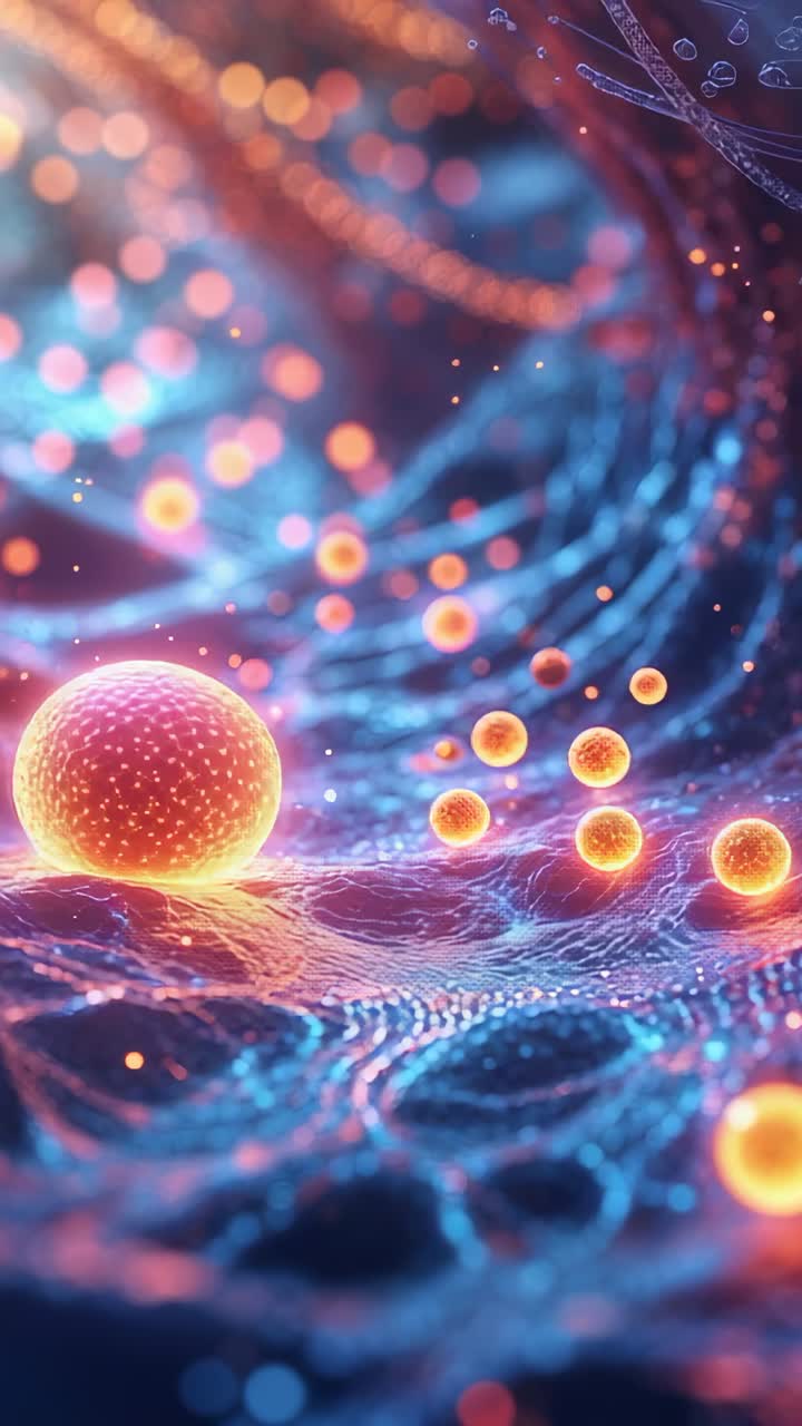 Vertical video: Glowing orange sphere pulsing rolling spheres in neon-blue filament web, copy space