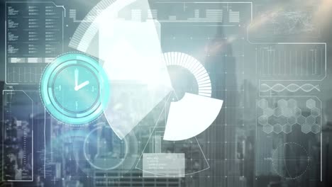 animation of clock and statistics processing over cityscape