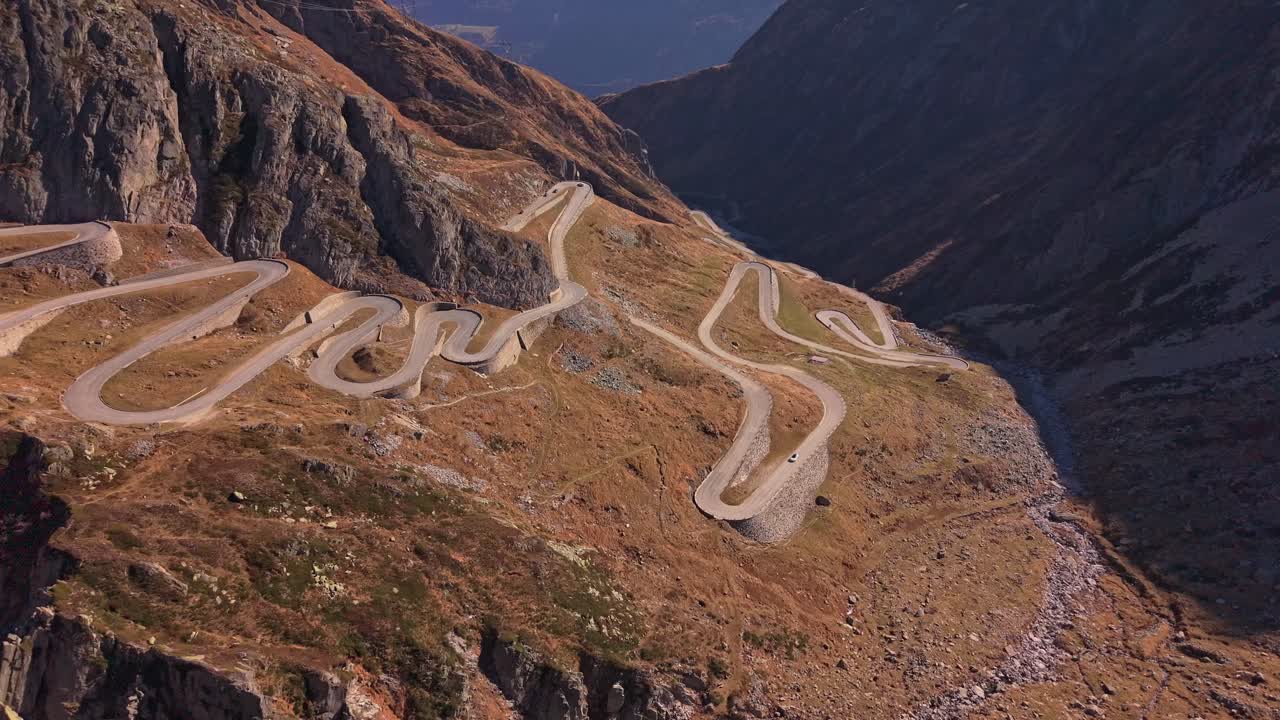 Aerial view of La Tremola road winding through Gotthard Pass, Switzerland