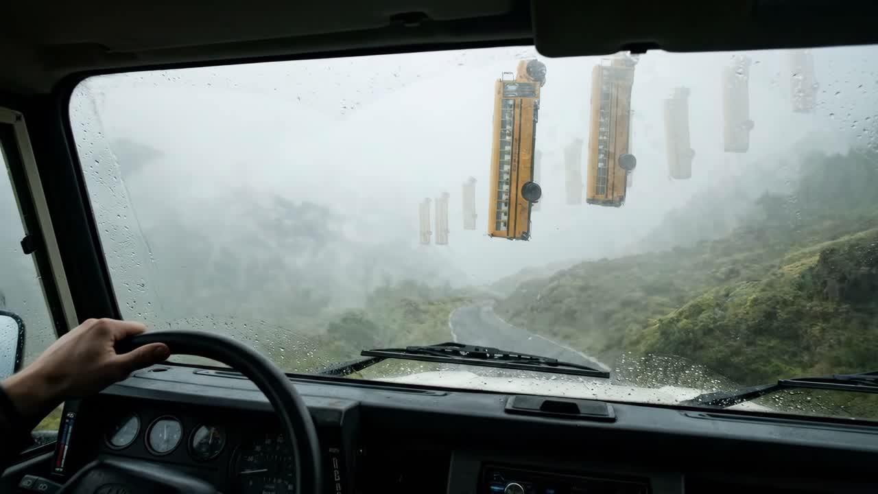 POV Guida attraverso montagne nebbiose con scuolabus fluttuanti