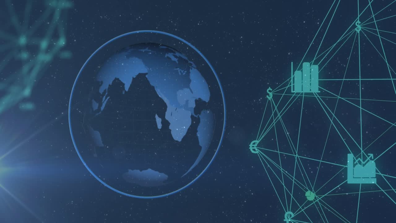 디지털 아이콘 네트워크의 애니메이션과 배경의 공간에 대해 회전하는 지구