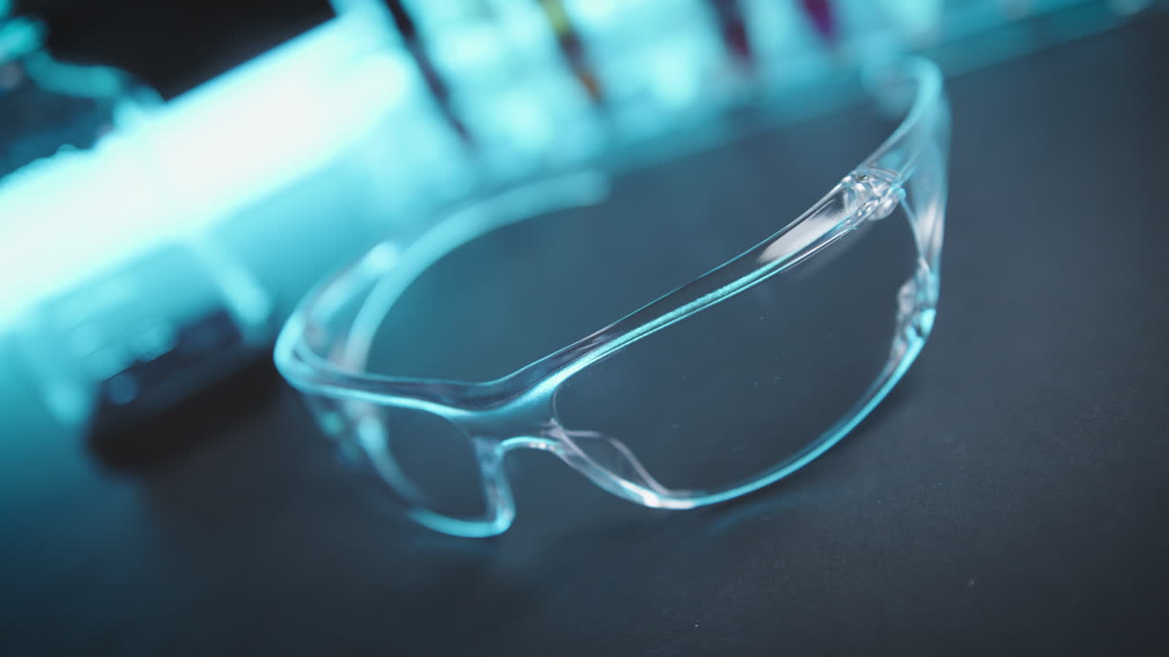 혈관, 혈액 샘플 및 다양한 튜브가 있는 실험실 워크스테이션의 안전 고글