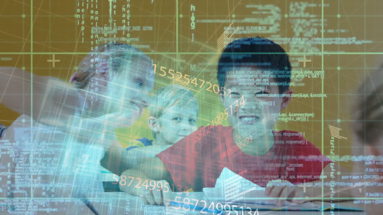 Students collaborating around table in classroom, adding code, numbers and grid graphics to paper