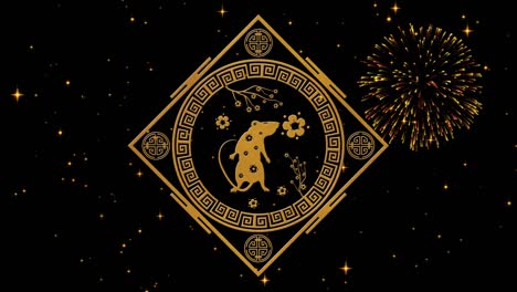 lunar new year, spring festival background with golden rat, fireworks, glittering stars. chinese new year black starry night backdrop for holiday event. 3d rendering animation. seamless loop 4k video