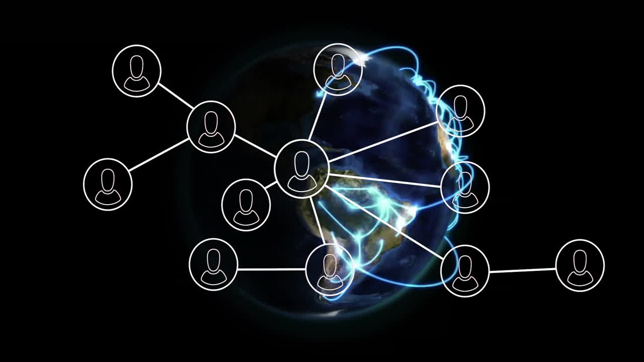 Network of connections and data processing animation over globe in space