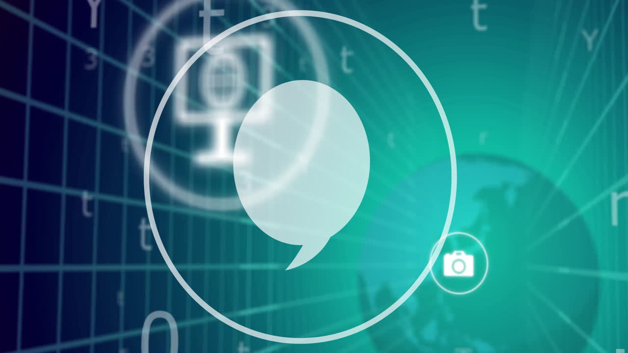 디지털 세계 지도 배경 위의 음성 거품 및 카메라 아이콘 애니메이션