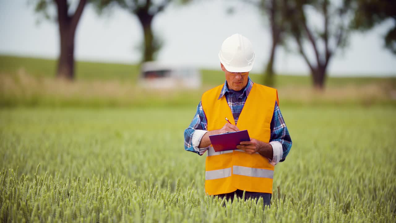 ingeniero analizando la contaminación del tráfico en el portapapeles en medio de cultivos en la granja 7