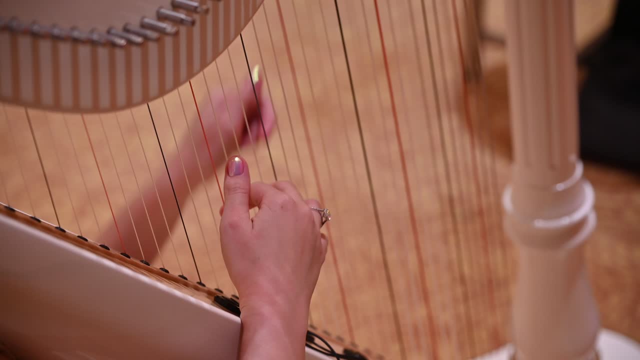 A woman playing the harp with her hands during an event.
