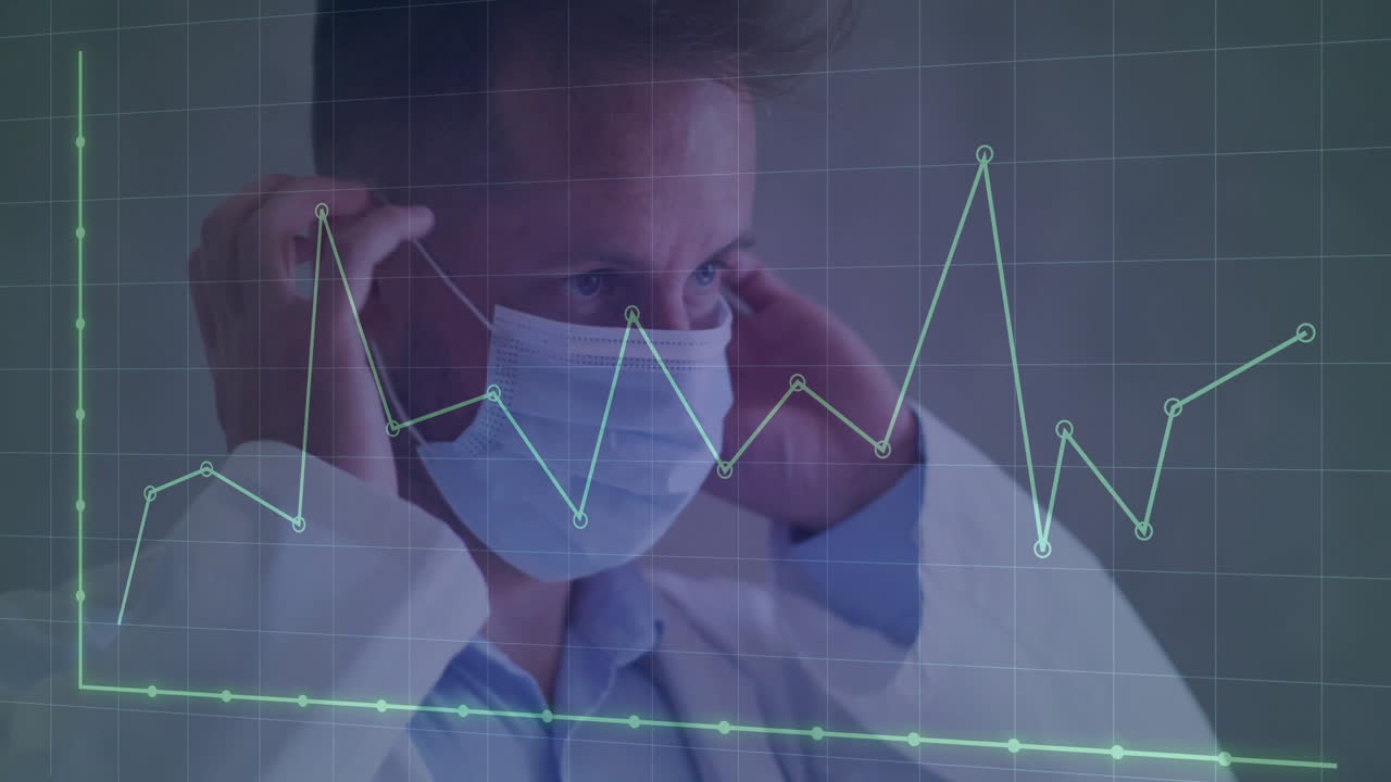 Médico ajustándose la mascarilla quirúrgica, superponiendo un gráfico de líneas verde turquesa con puntos de datos