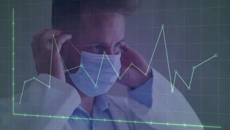 doctor adjusting surgical mask, overlaying green turquoise line graph with data points