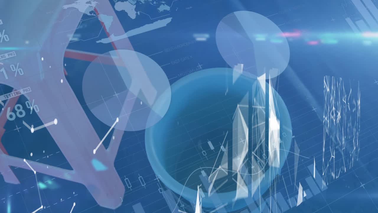 파란색 배경에 디지털 인터페이스를 통해 데이터 처리의 애니메이션