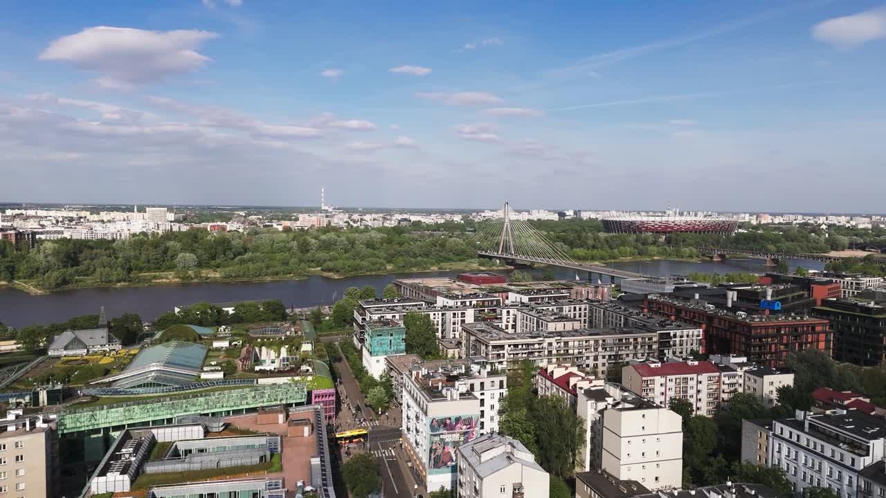 Fly towards Holy Cross Bridge in Warsaw, Poland