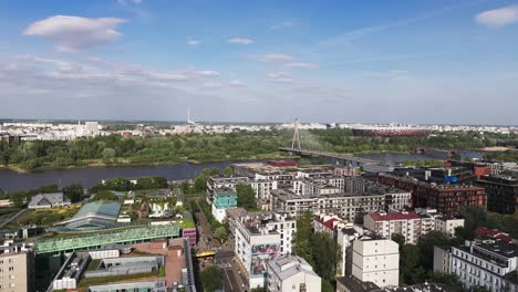 fly towards holy cross bridge in warsaw, poland