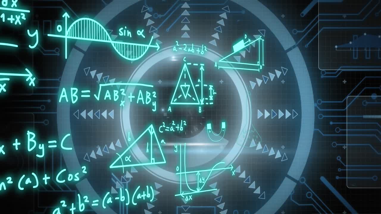 Animation of mathematical equations over white circles and scope scanning