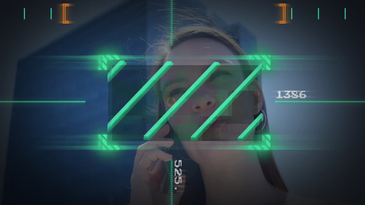 Woman speaking on smartphone outdoors, displaying technology HUD overlay scanning facial features
