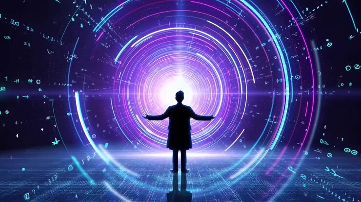 Silhouette of a Person Standing Before a Glowing Digital Portal