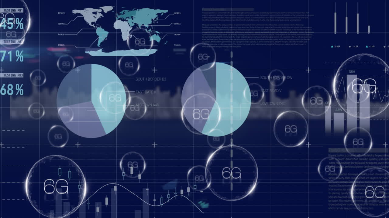 Animation of multiple 6g text banners and statistical data processing against blue background